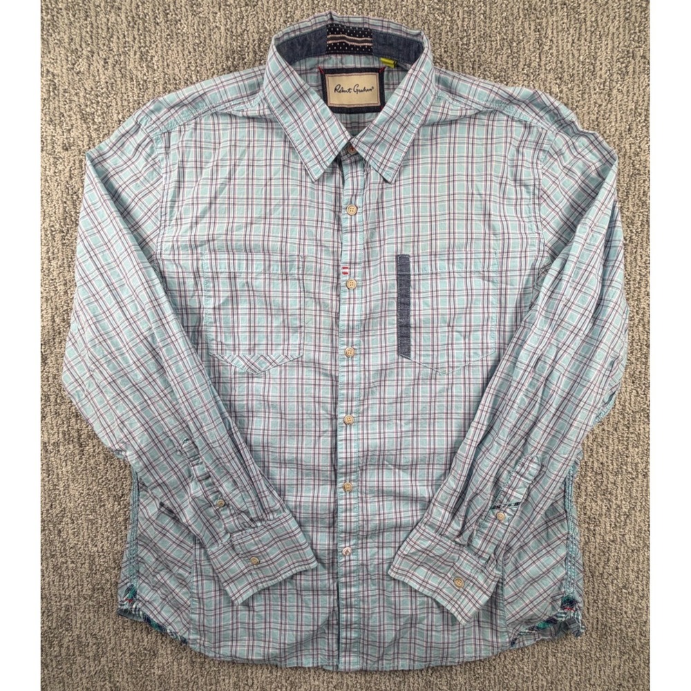 Robert Graham Button Down Shirt Mens 2XL Blue Plaid Tailored Fit Long Sleeve